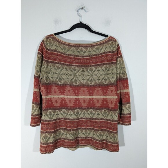 Lauren by Ralph Lauren Red Tan Southwest Aztec Linen Cotton Knit Sweater Size L - Picture 2 of 5